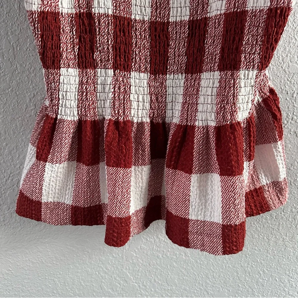 LOFT Burgundy Red & White Gingham Smocked Peplum Tank Top NWT Size L - Picture 3 of 9